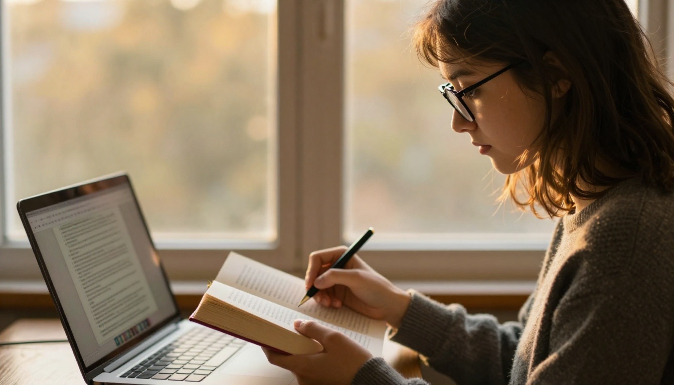 Academic woman reading by a window with a laptop open nearby