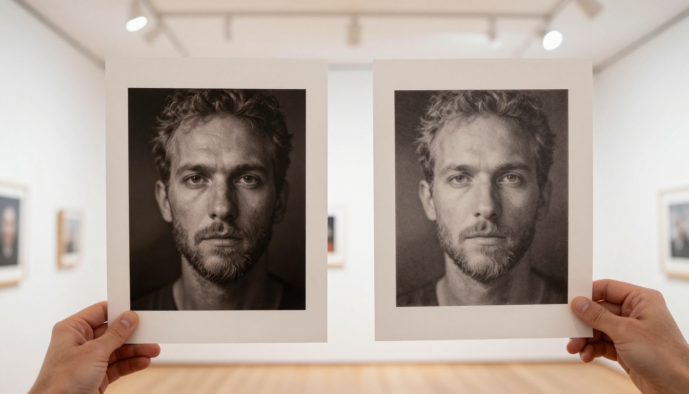 Two fine-art photographic prints held up for comparison showing quality difference Two fine-art photographic prints held up for comparison showing quality difference