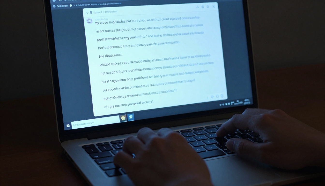 Laptop screen glowing in a dark room showing an AI chat interface
