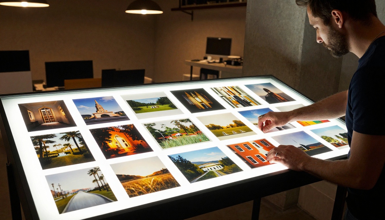 Designer arranging reference photographs on a glowing lightbox in a professional studio Designer arranging reference photographs on a glowing lightbox in a professional studio
