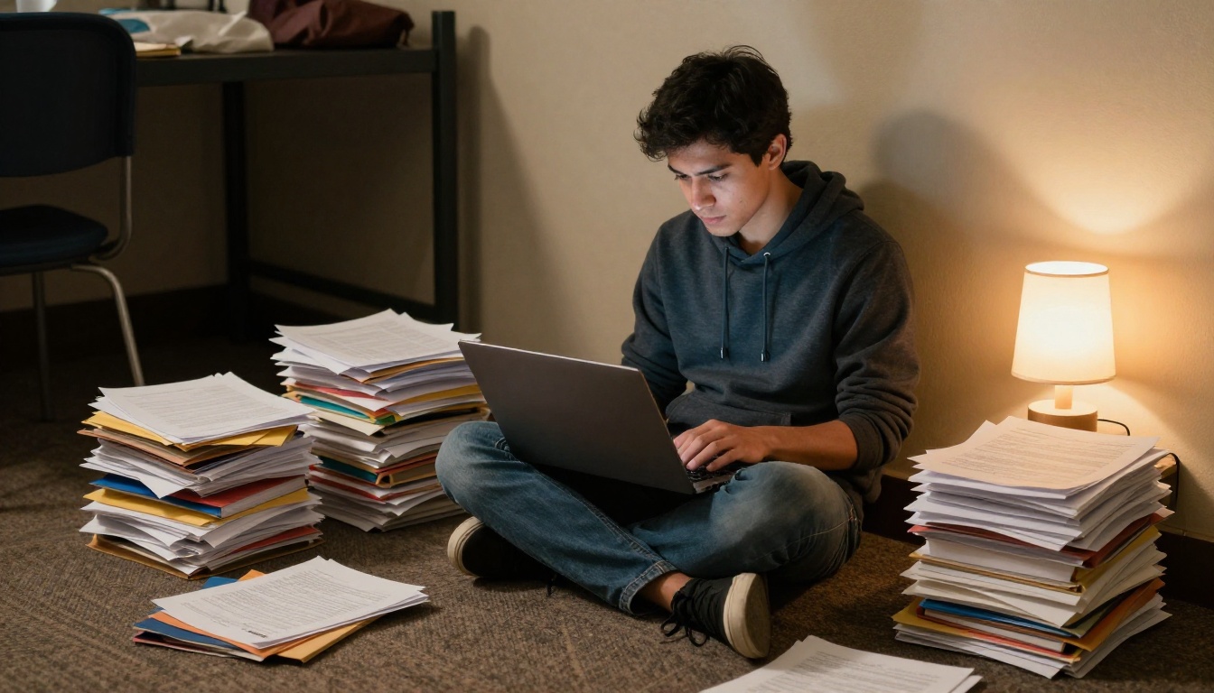 Graduate student surrounded by research papers on a dormitory floor