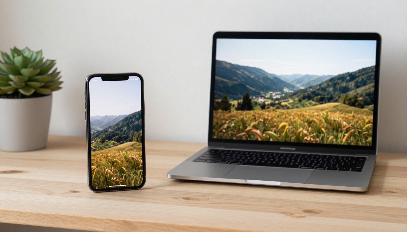 Smartphone and laptop placed side by side displaying the same image in different aspect ratios Smartphone and laptop placed side by side displaying the same image in different aspect ratios