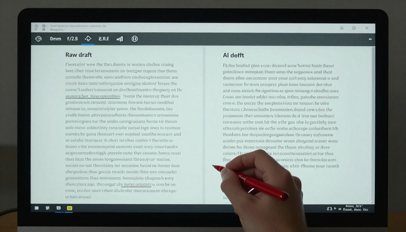 Computer monitor showing AI-assisted draft comparison between raw and polished text