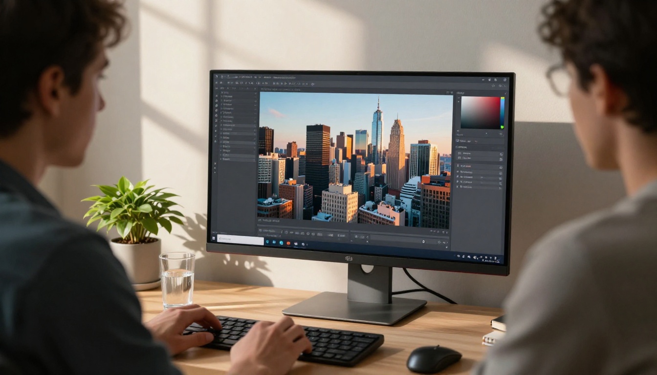 Person sitting at an ergonomic desk using an AI image generation platform on a large monitor