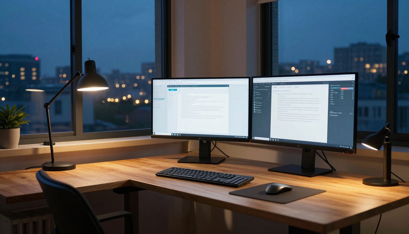 Home office at dusk with dual monitors showing research and writing tools