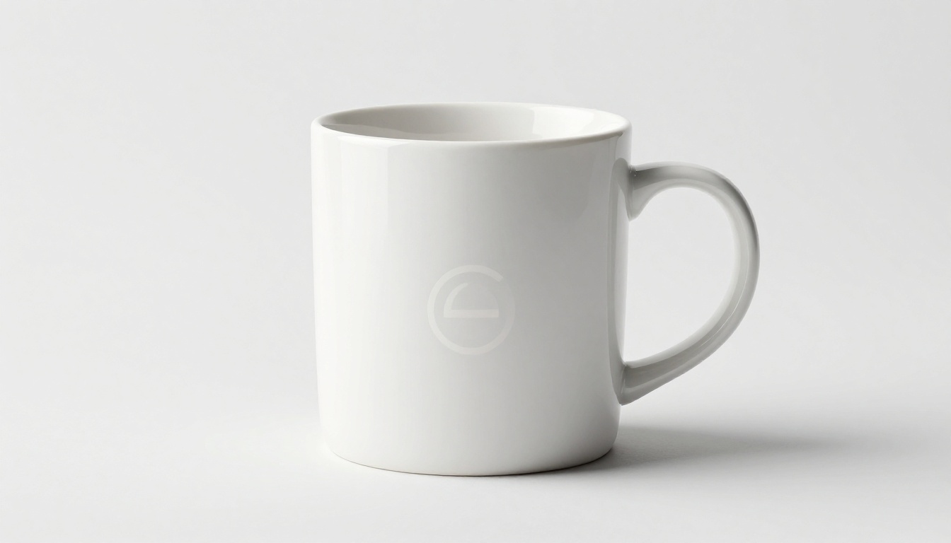 Clean product mockup of a white ceramic coffee mug on a seamless white background