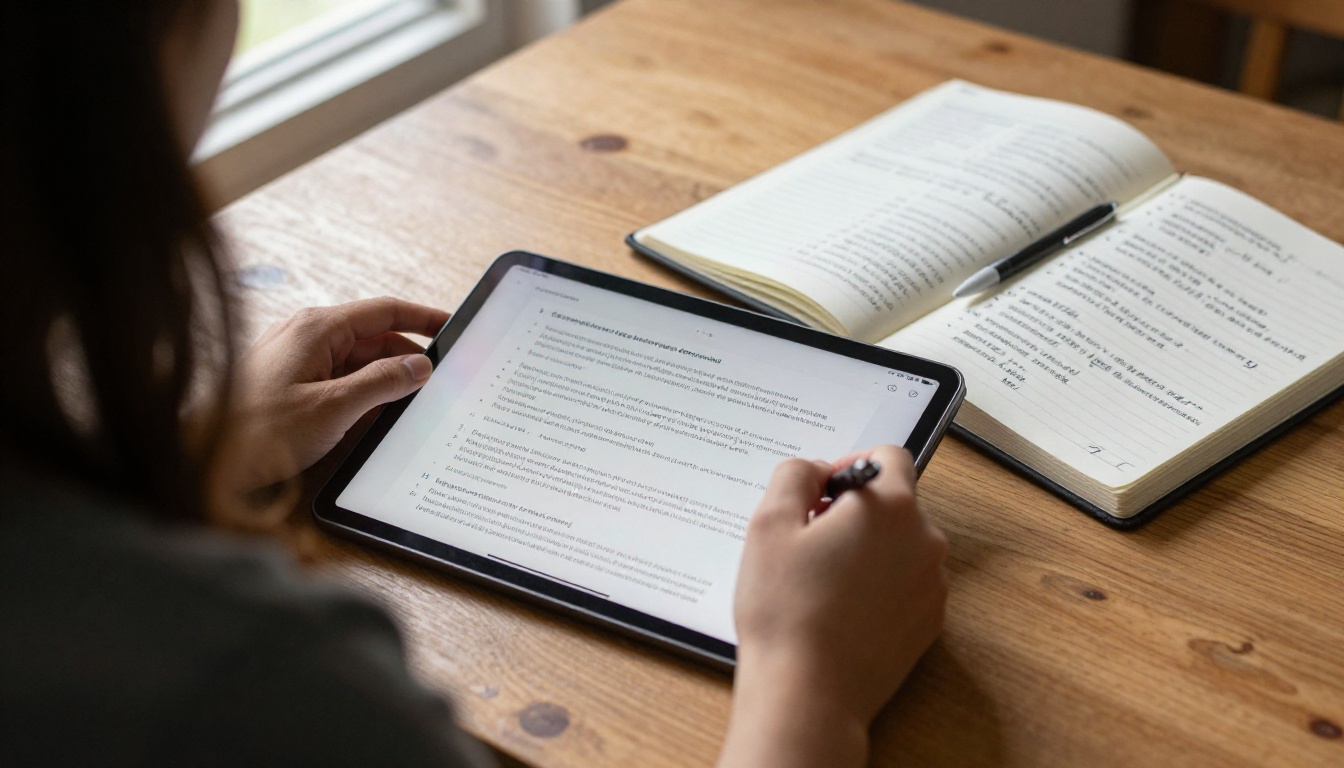 Tablet showing a structured writing outline beside a handwritten research notebook