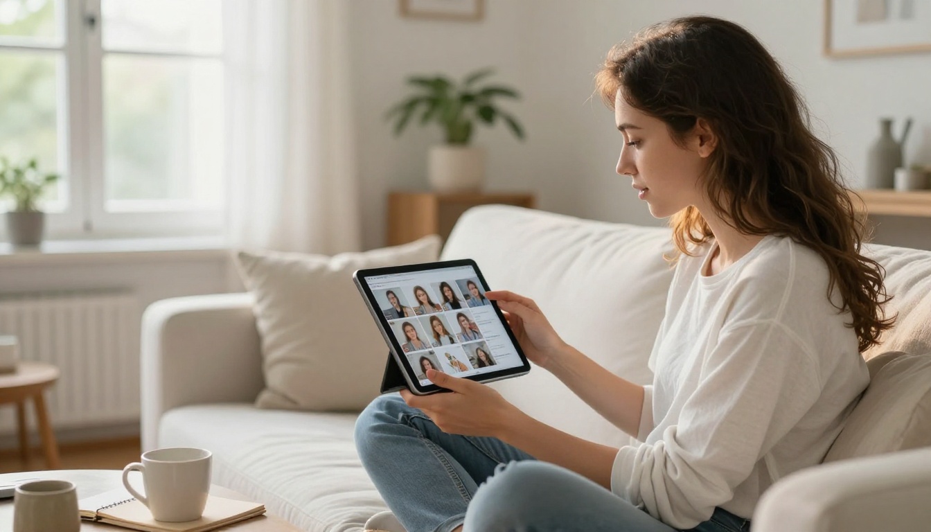Young woman content creator reviewing AI-generated social media posts on a tablet at home