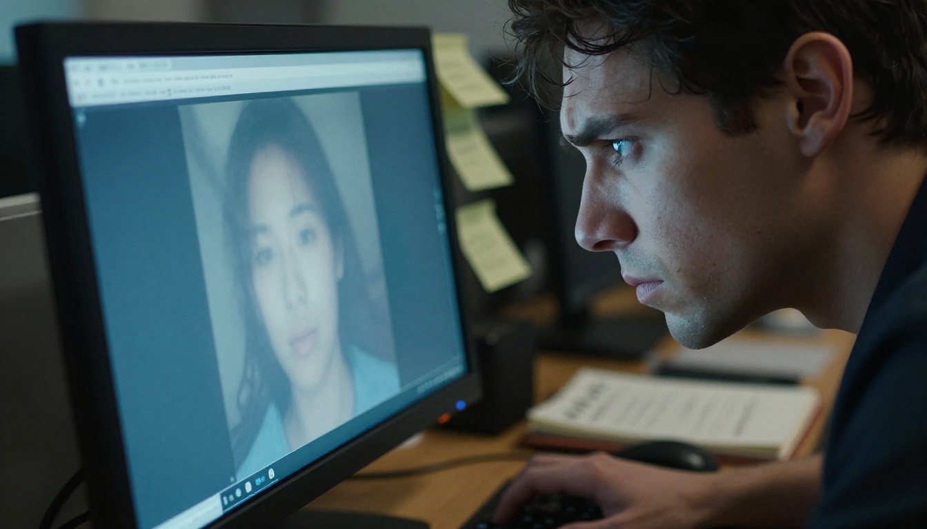 Person leaning toward a monitor examining a low-quality AI-generated image with a focused expression