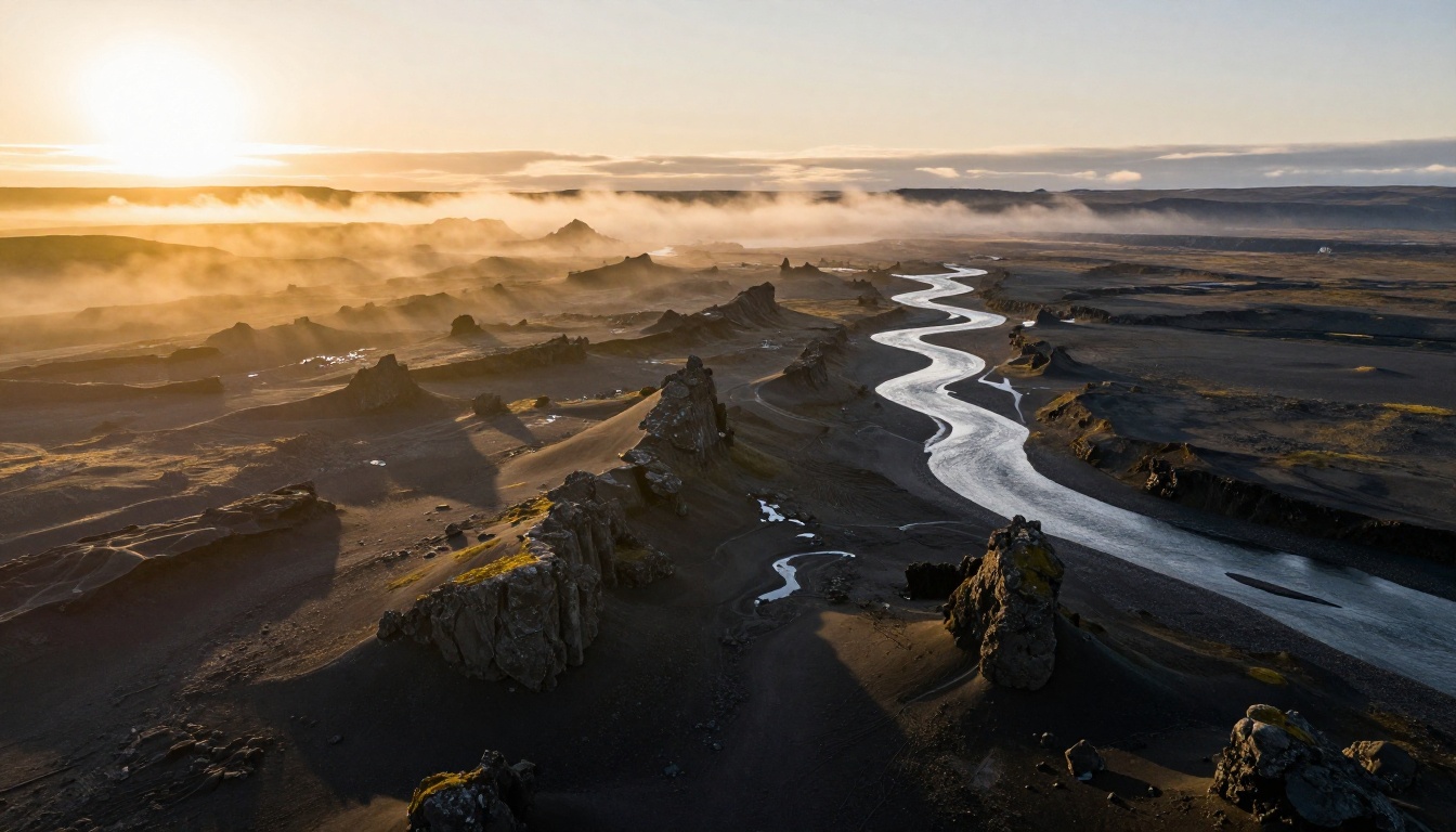 Sweeping aerial view of a dramatic volcanic landscape at golden hour Sweeping aerial view of a dramatic volcanic landscape at golden hour