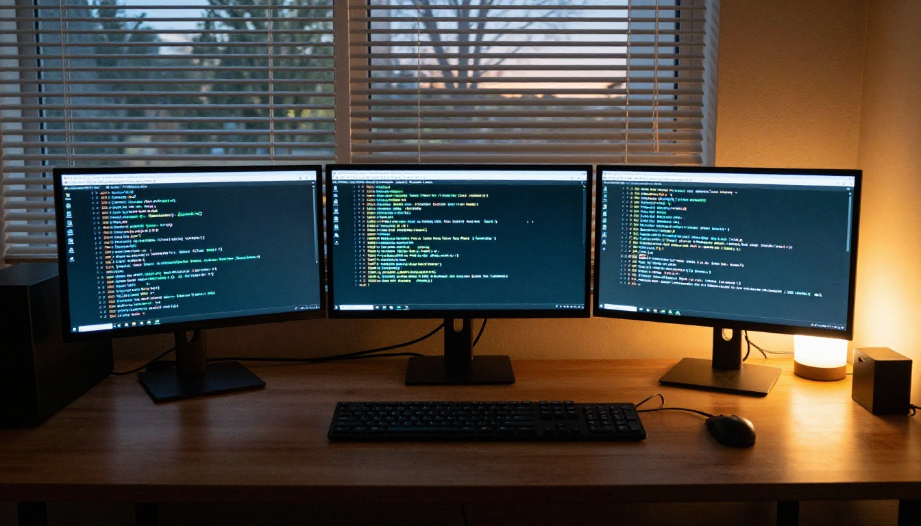 Three monitors showing different AI chat interfaces in a dimly lit office