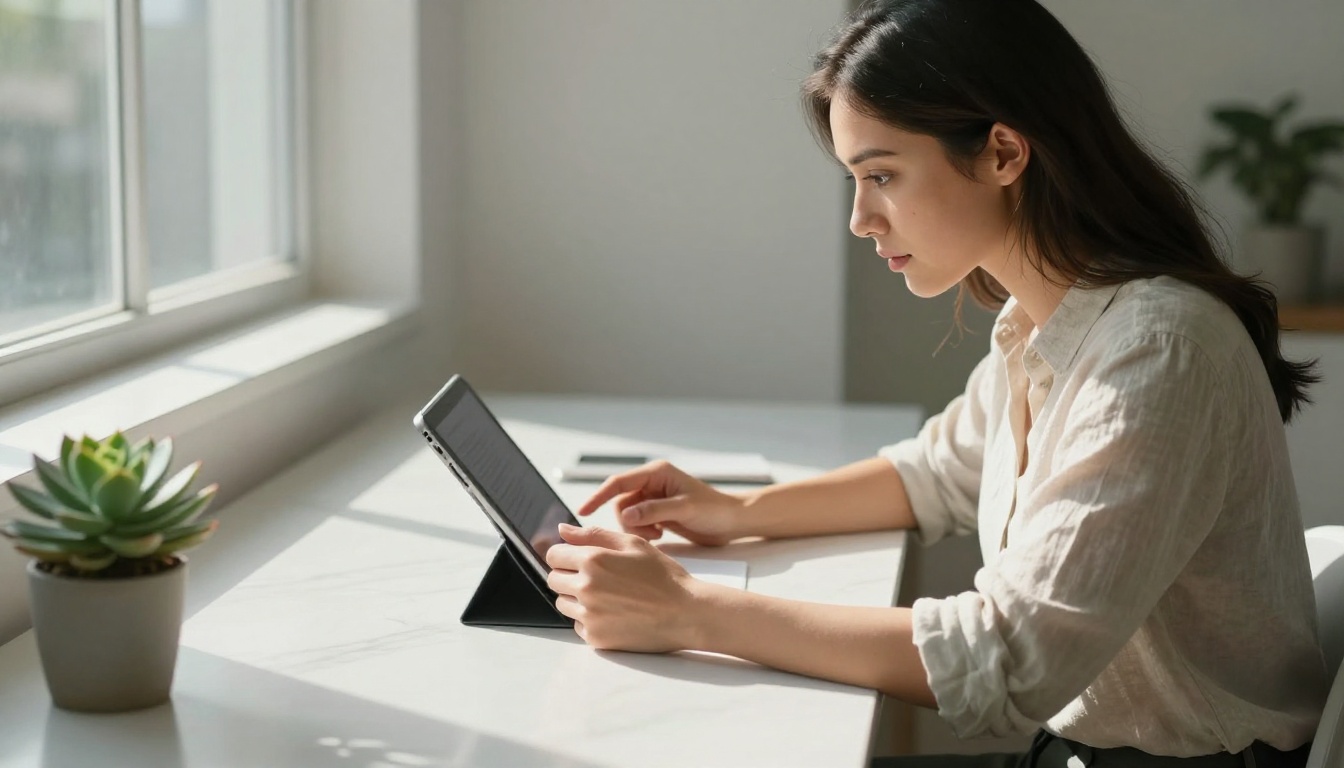 Young professional woman reading AI content on a tablet at a bright minimalist desk