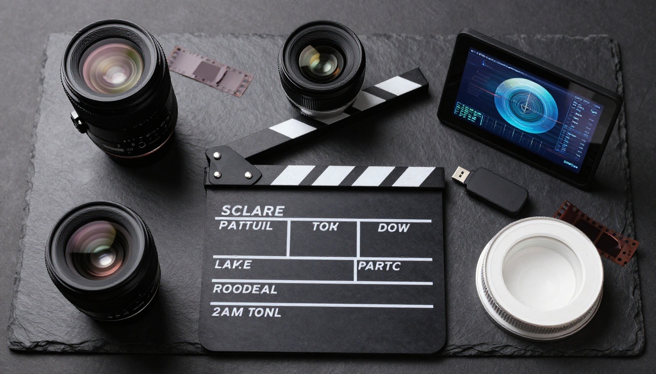 Flat-lay of professional video production equipment and cinema tools Flat-lay of professional video production equipment and cinema tools