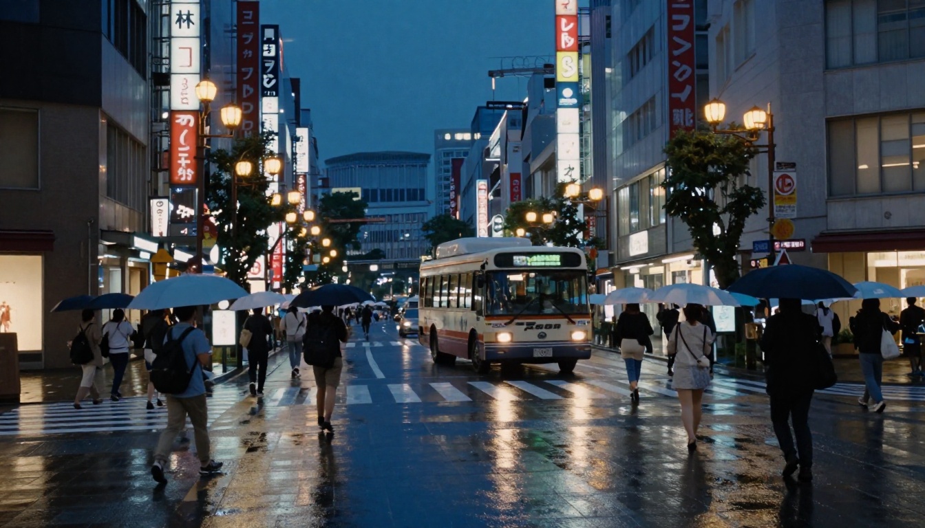 Wide shot of a rain-soaked Tokyo street at blue hour