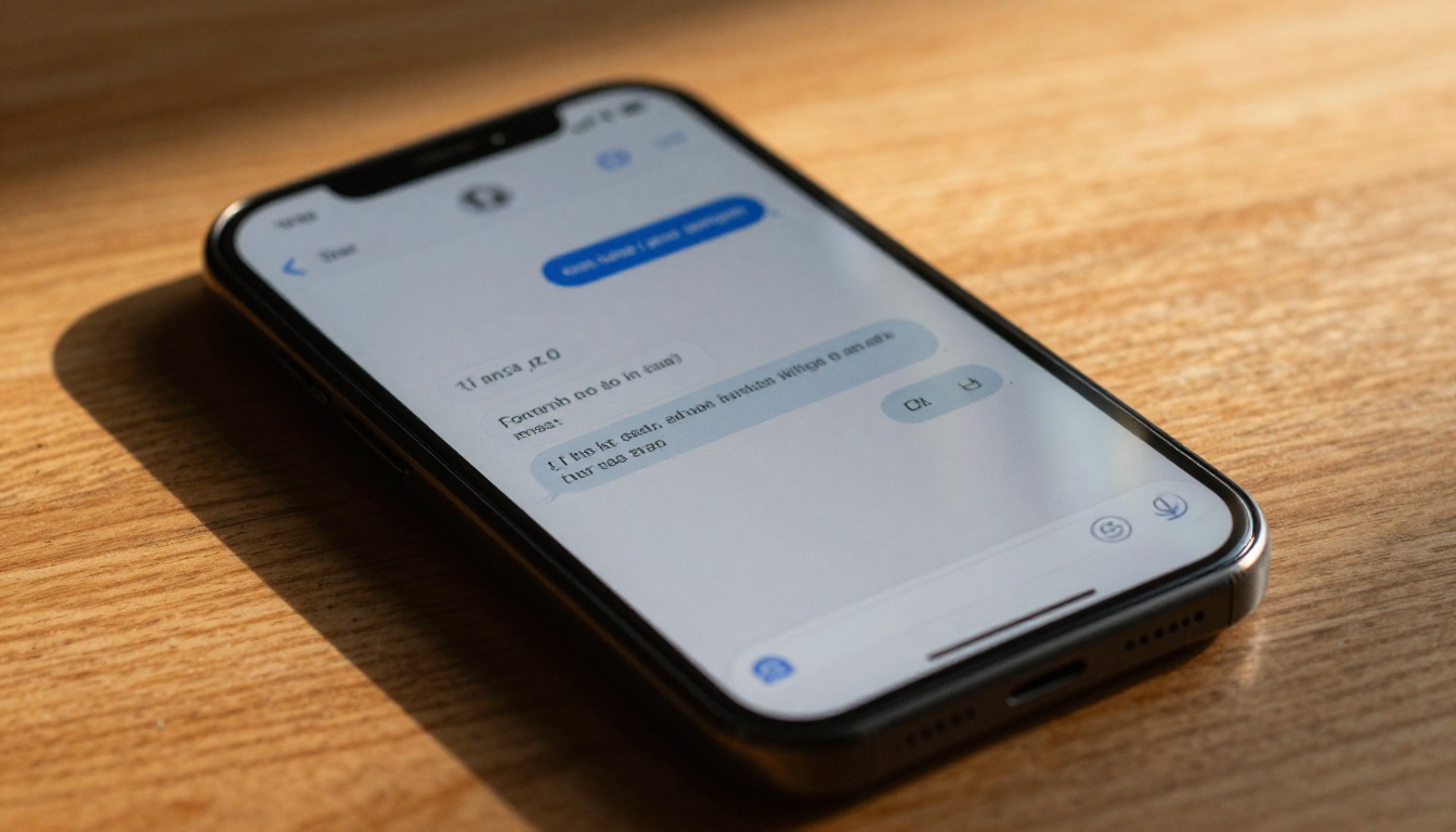 Close-up of a smartphone displaying an AI chat conversation on a wooden table surface