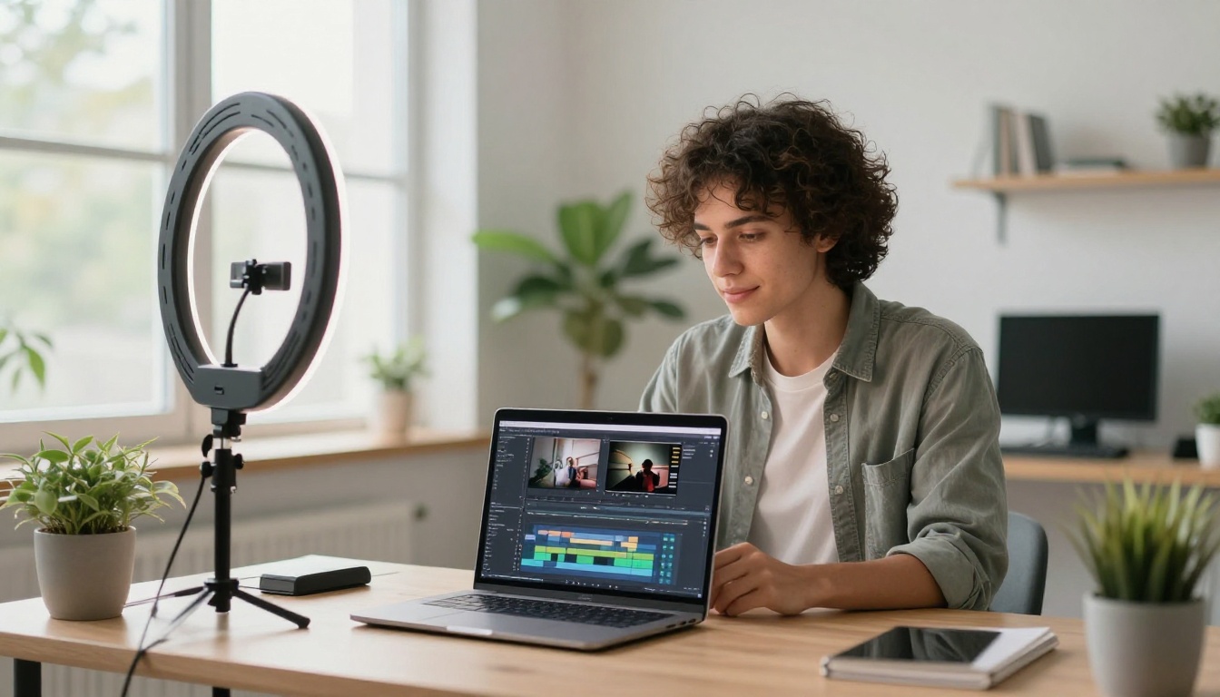 A content creator editing AI video in a home studio setup