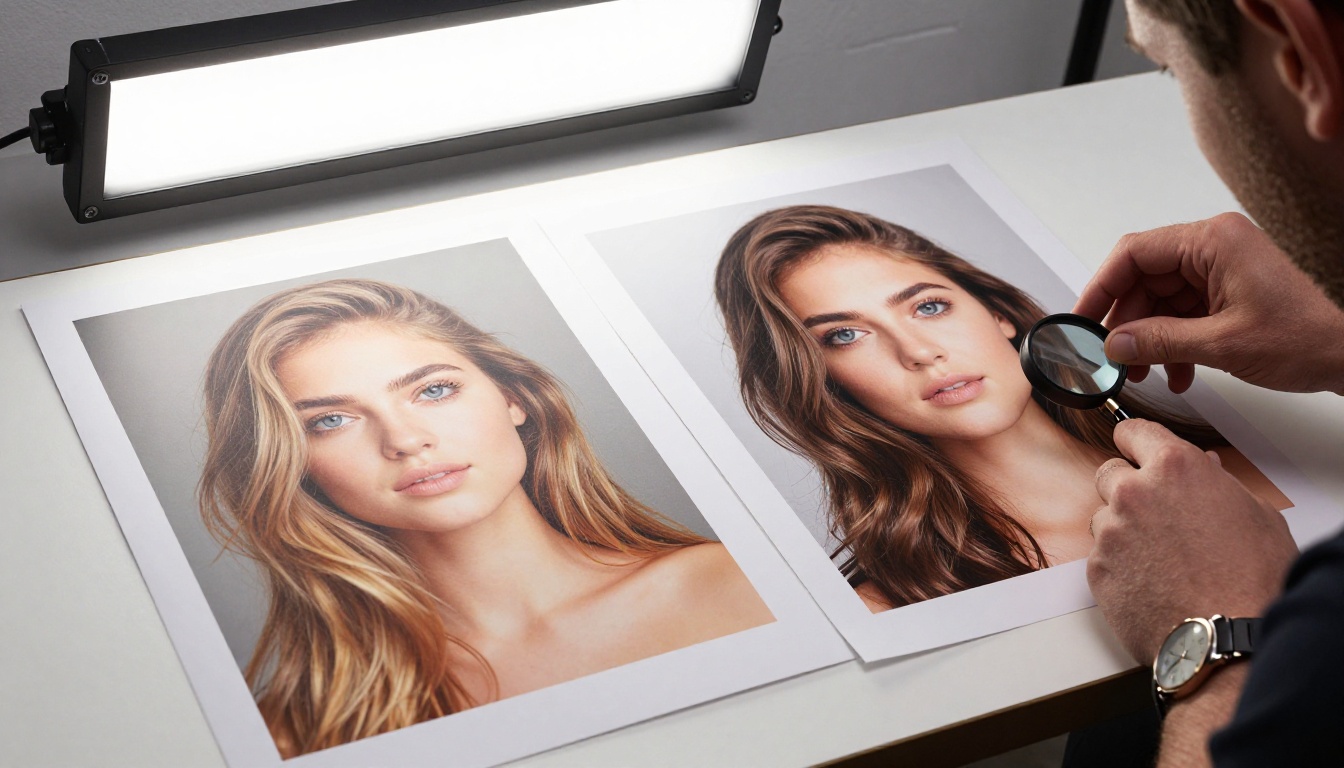 Two printed AI portraits compared side by side under studio lighting