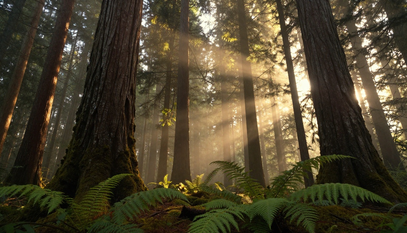 Ancient forest canopy with volumetric morning light filtering through the trees
