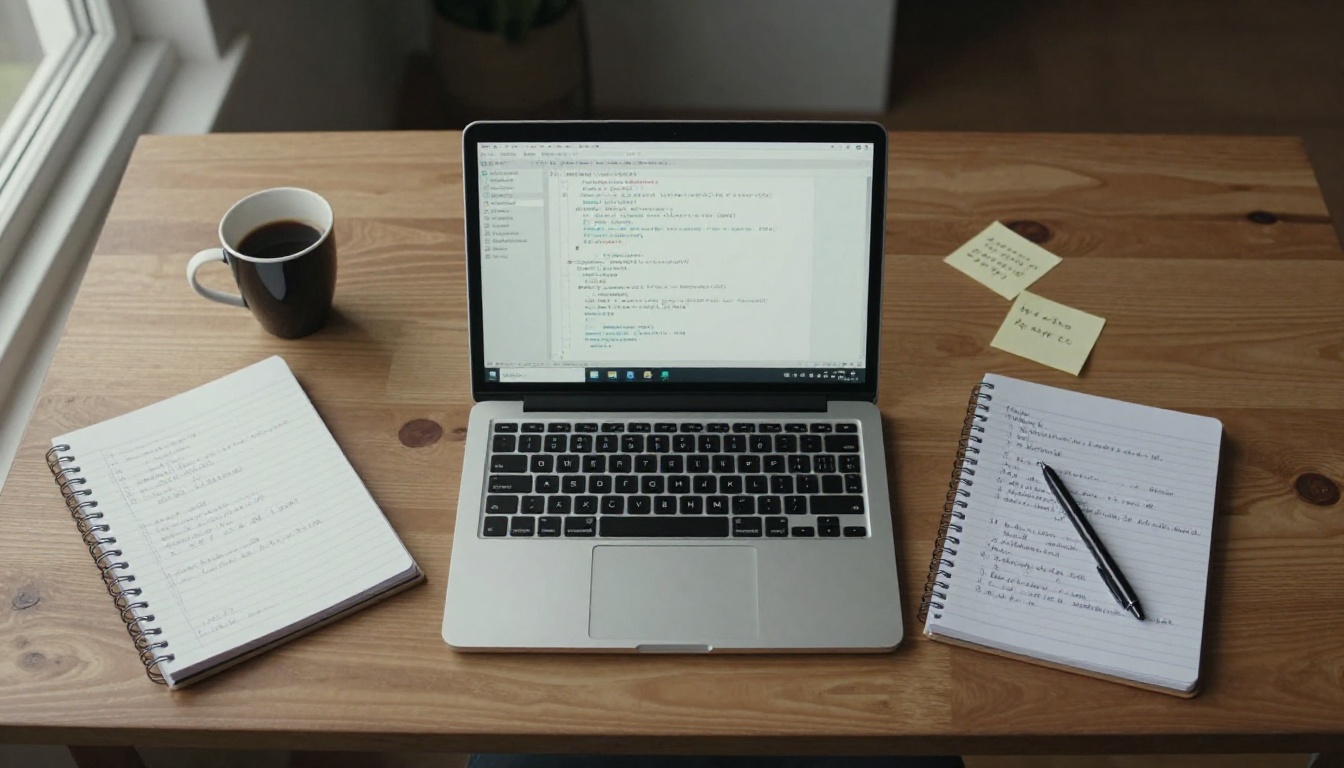 Aerial bird's eye view of a wooden desk with laptop, notebook, espresso cup, and sticky notes
