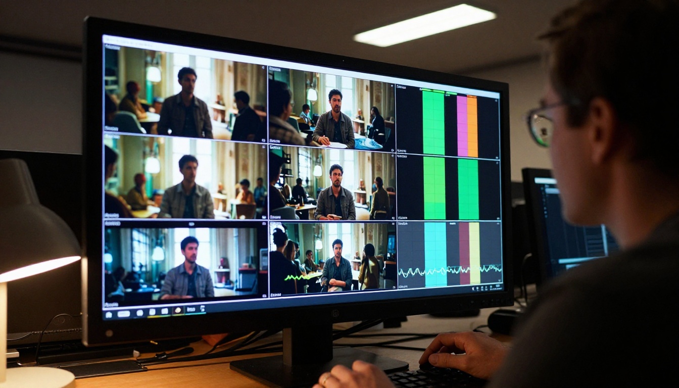 A video director reviewing cinematic footage in a professional post-production suite