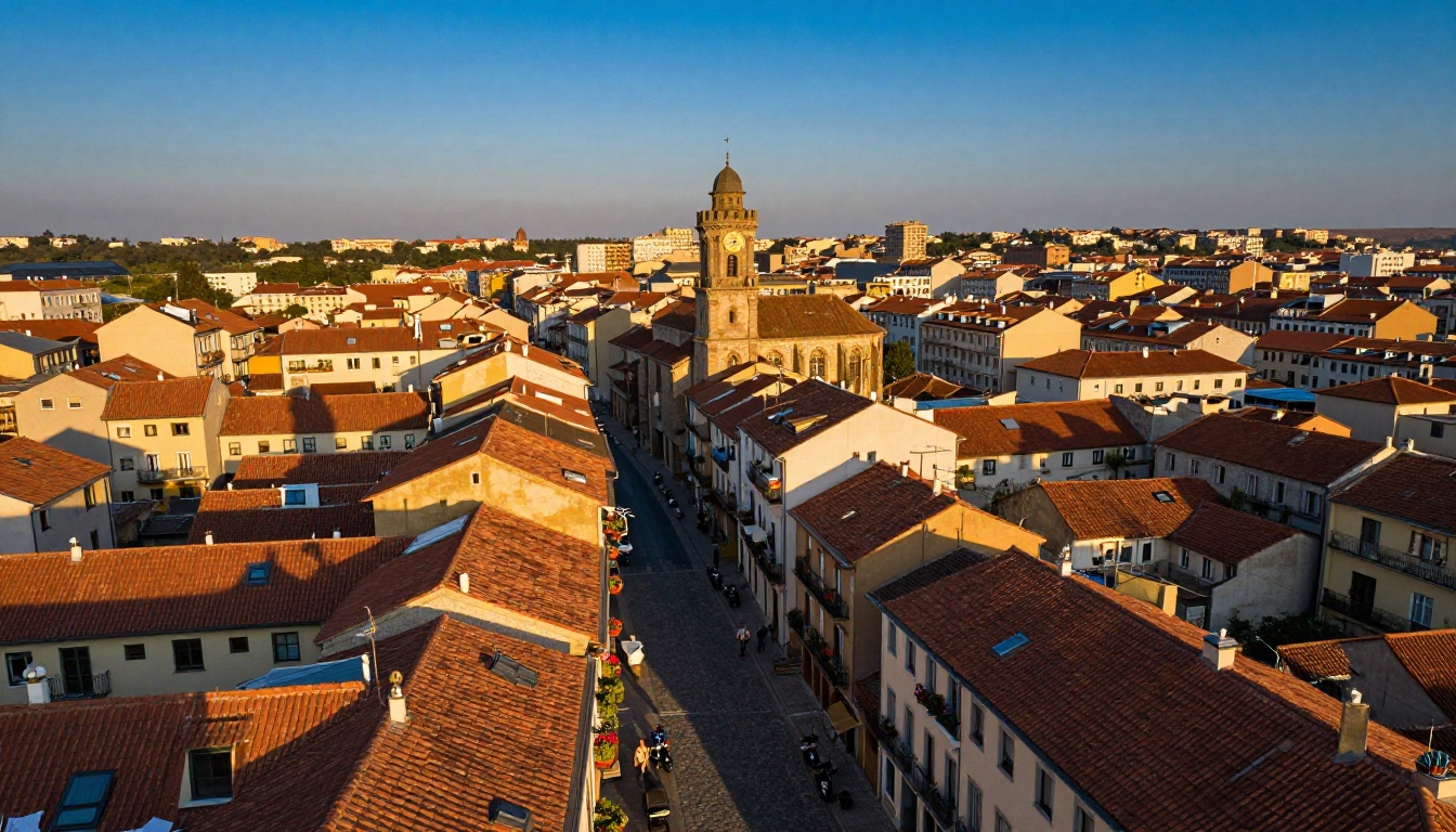 Aerial photograph of dense European city at golden hour with extraordinary rooftop and street detail
