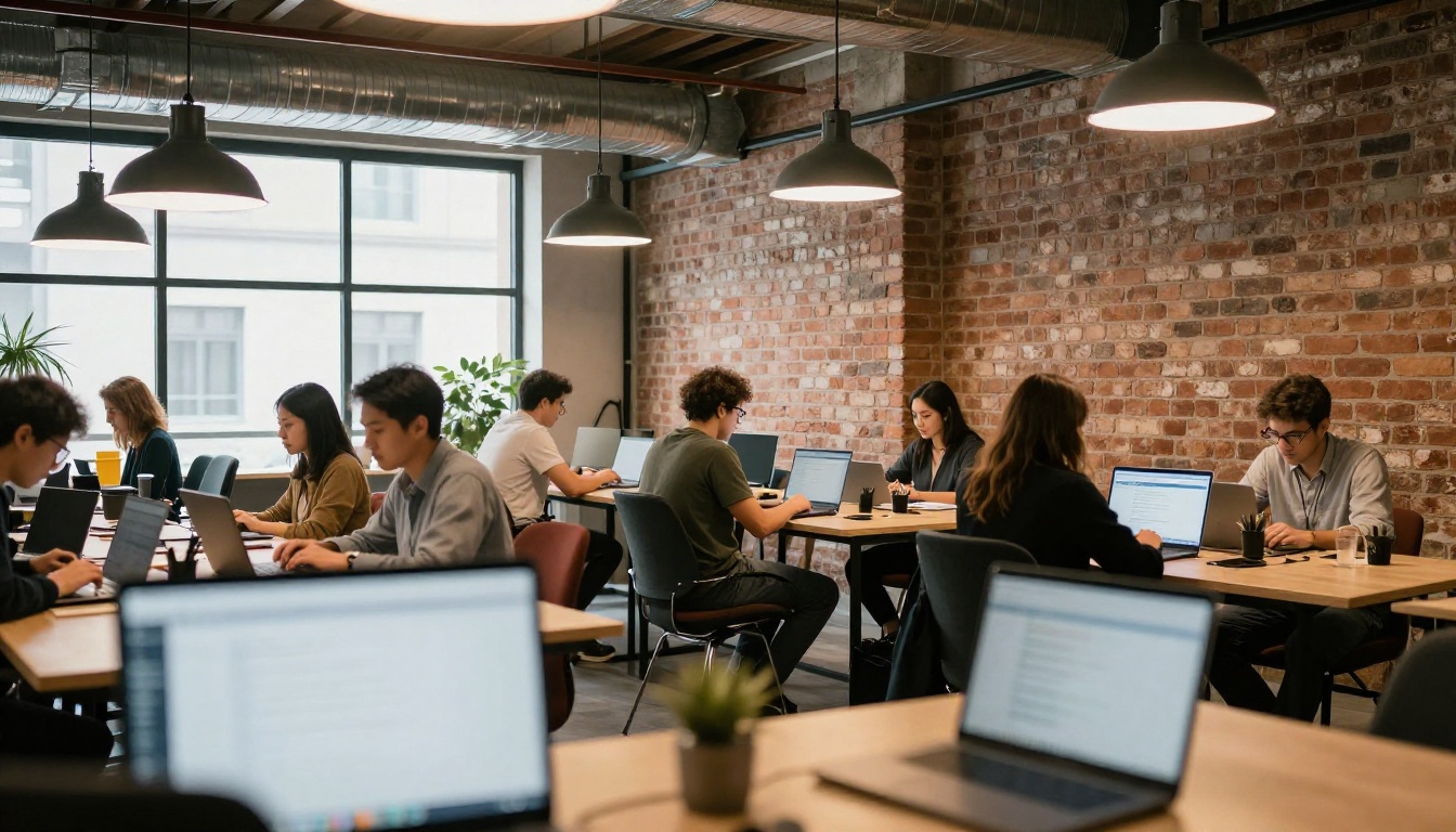 Modern co-working space with people working at communal tables under warm pendant lights