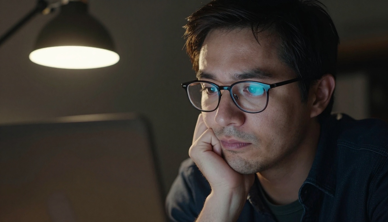 Man with glasses looking thoughtfully at a laptop screen in a dim office setting