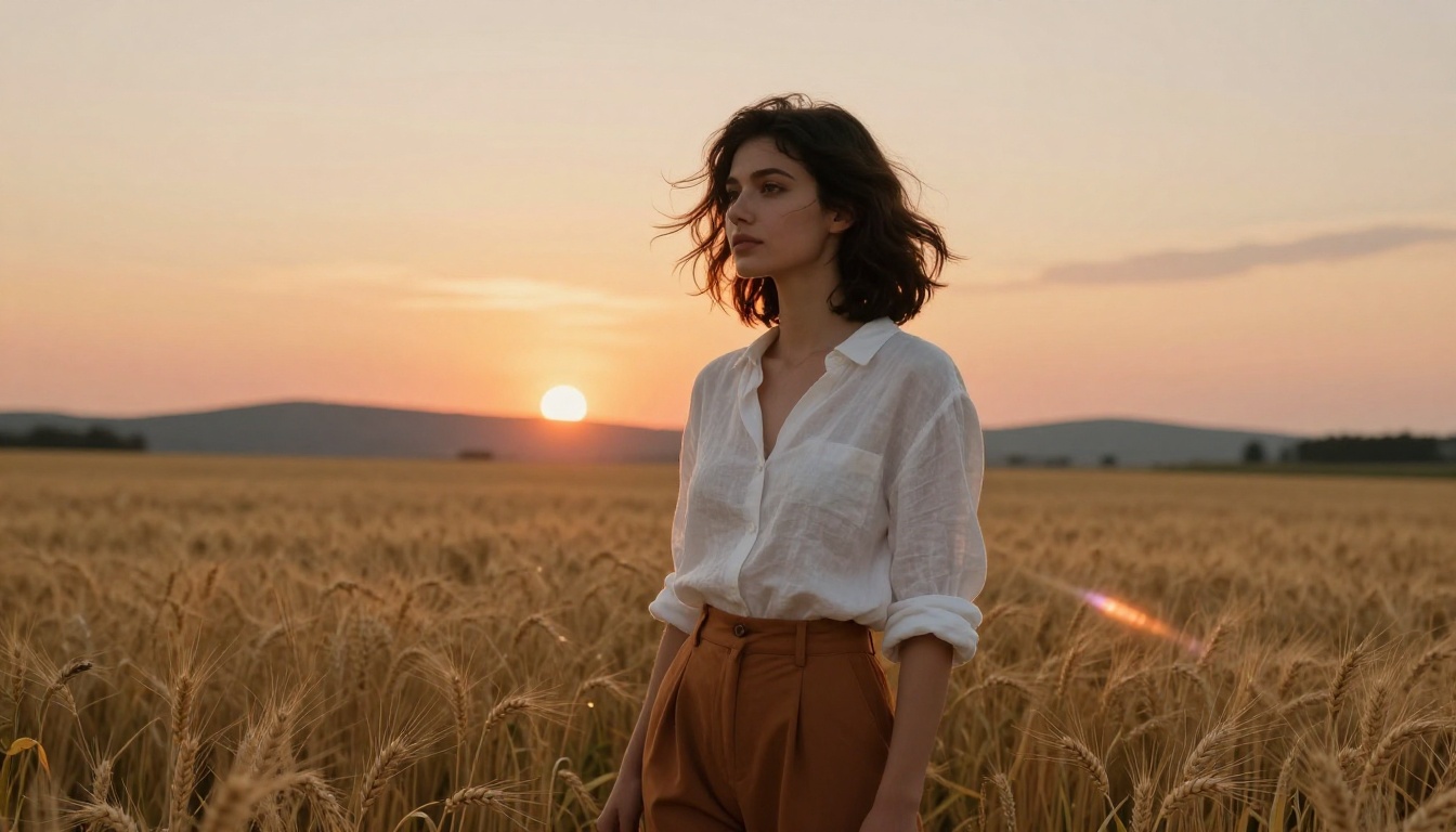 Beautiful young woman in wheat field at golden hour with cinematic backlight and lens flare