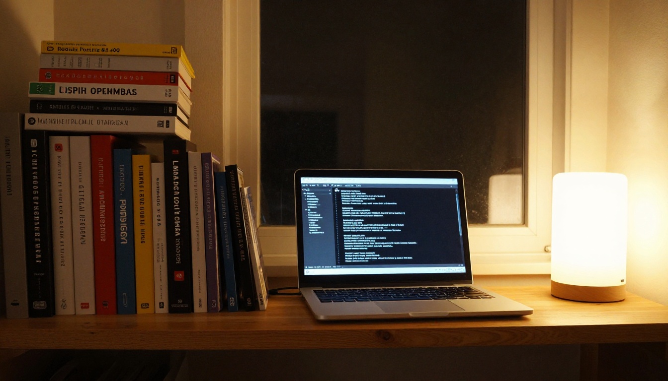Home office bookshelf with technology books and an open laptop showing a terminal window