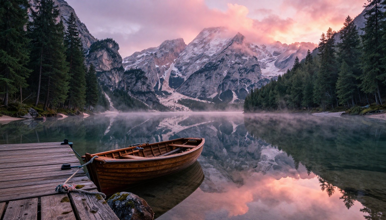 Pristine mountain lake at dawn with mist rising, snow-capped reflections, and wooden rowboat in foreground