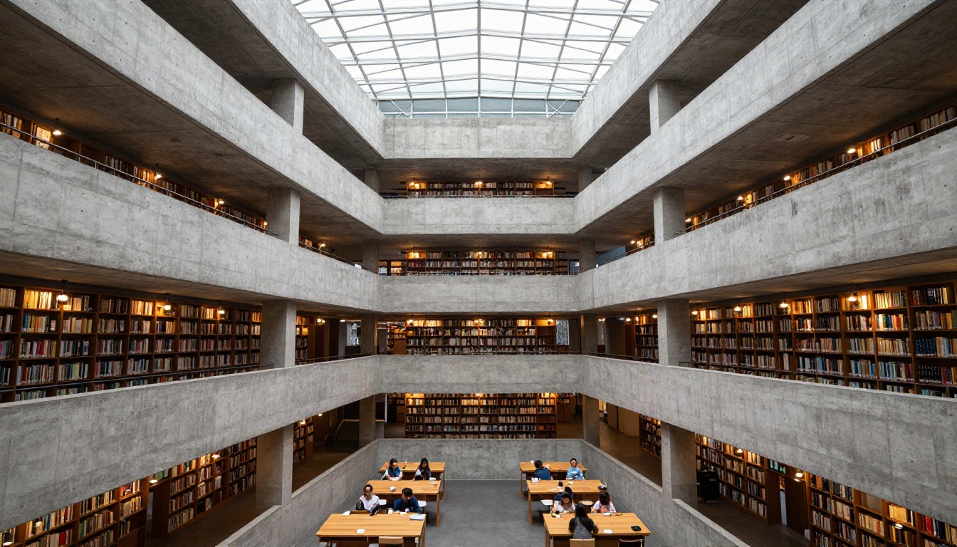 Brutalist concrete library atrium shot from below with converging gallery walkways and warm lamp light