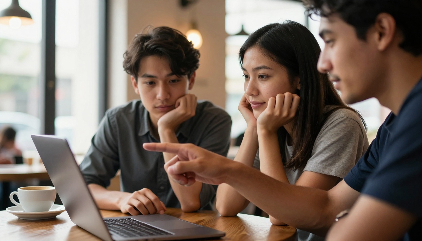 Two people collaborating on a laptop at a cafe table in warm natural light