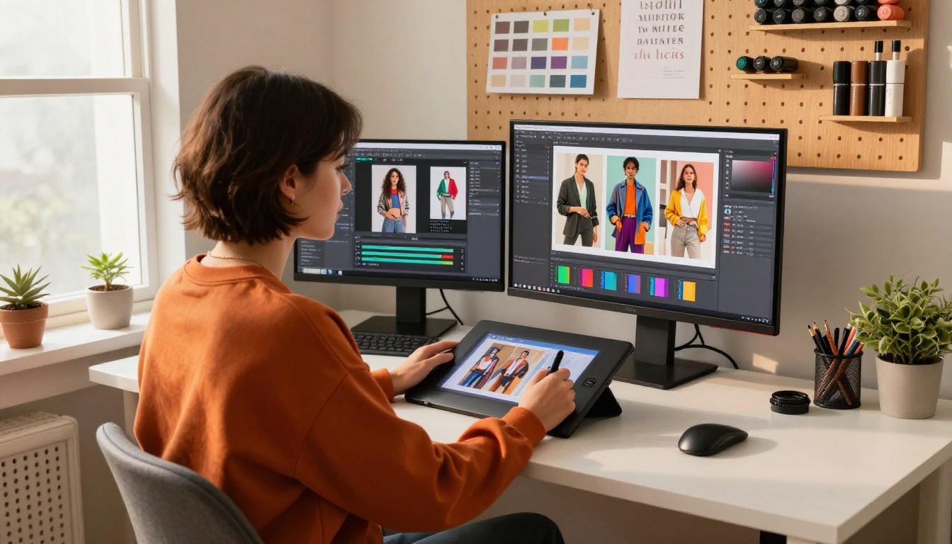 Graphic designer working on an editorial layout with AI model dashboard on second monitor