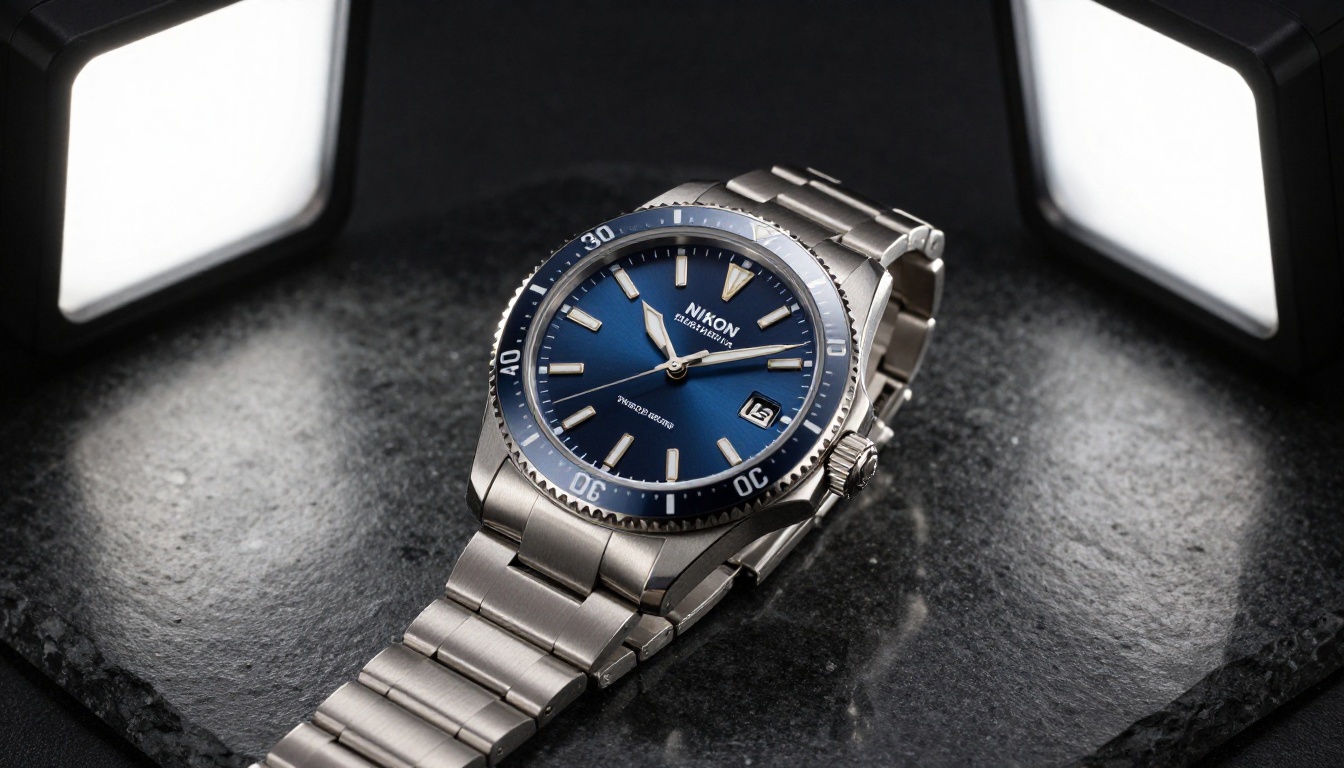 High-end Swiss mechanical wristwatch on dark basalt stone with commercial studio lighting
