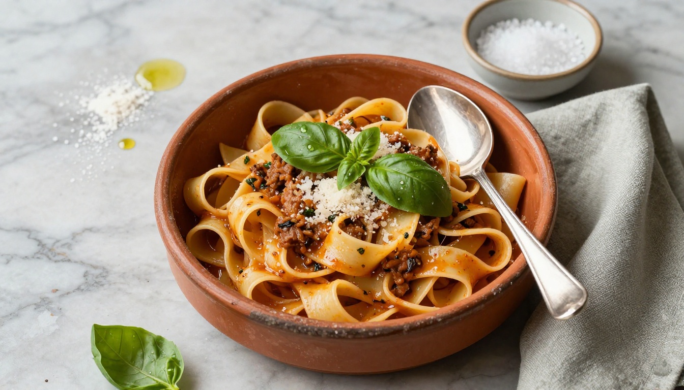 Overhead flat-lay food photography of rustic Italian pappardelle pasta on marble counter with natural light