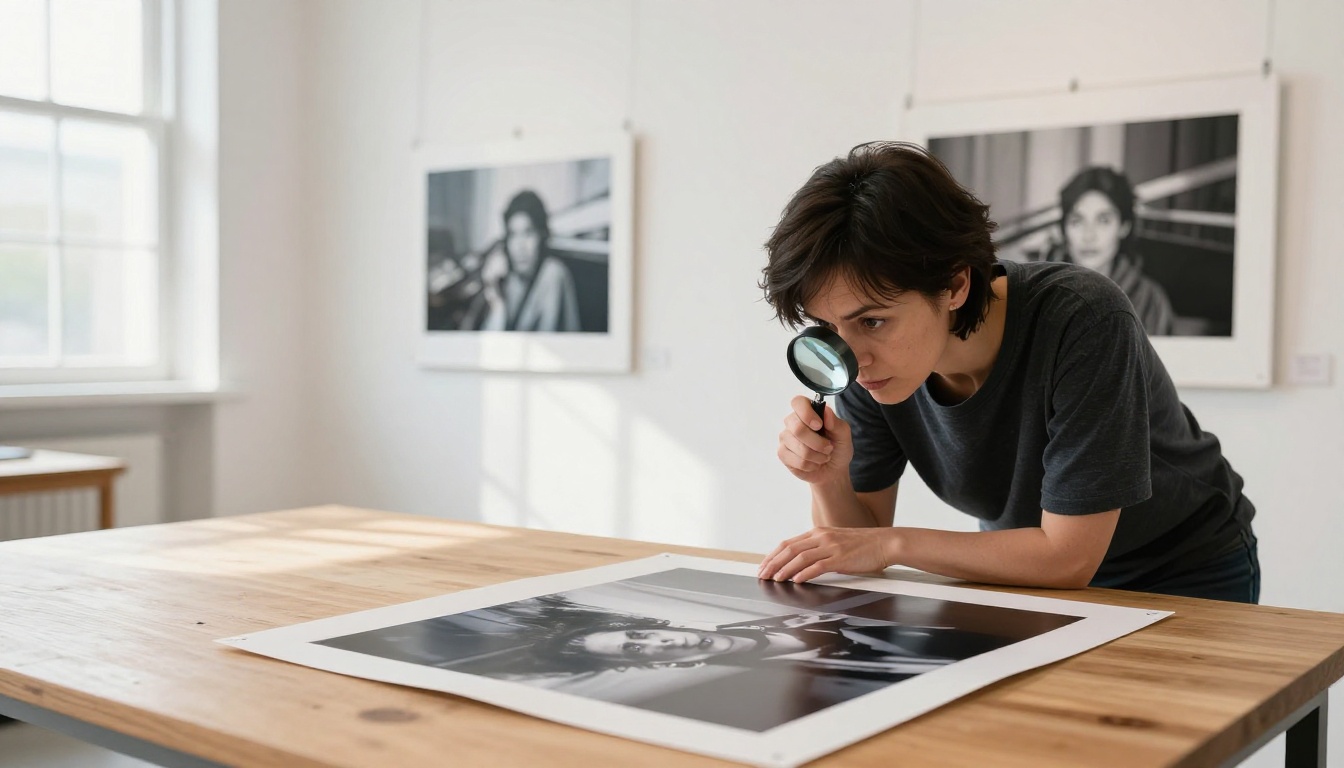 Photographer examining AI-generated prints side by side in a professional studio