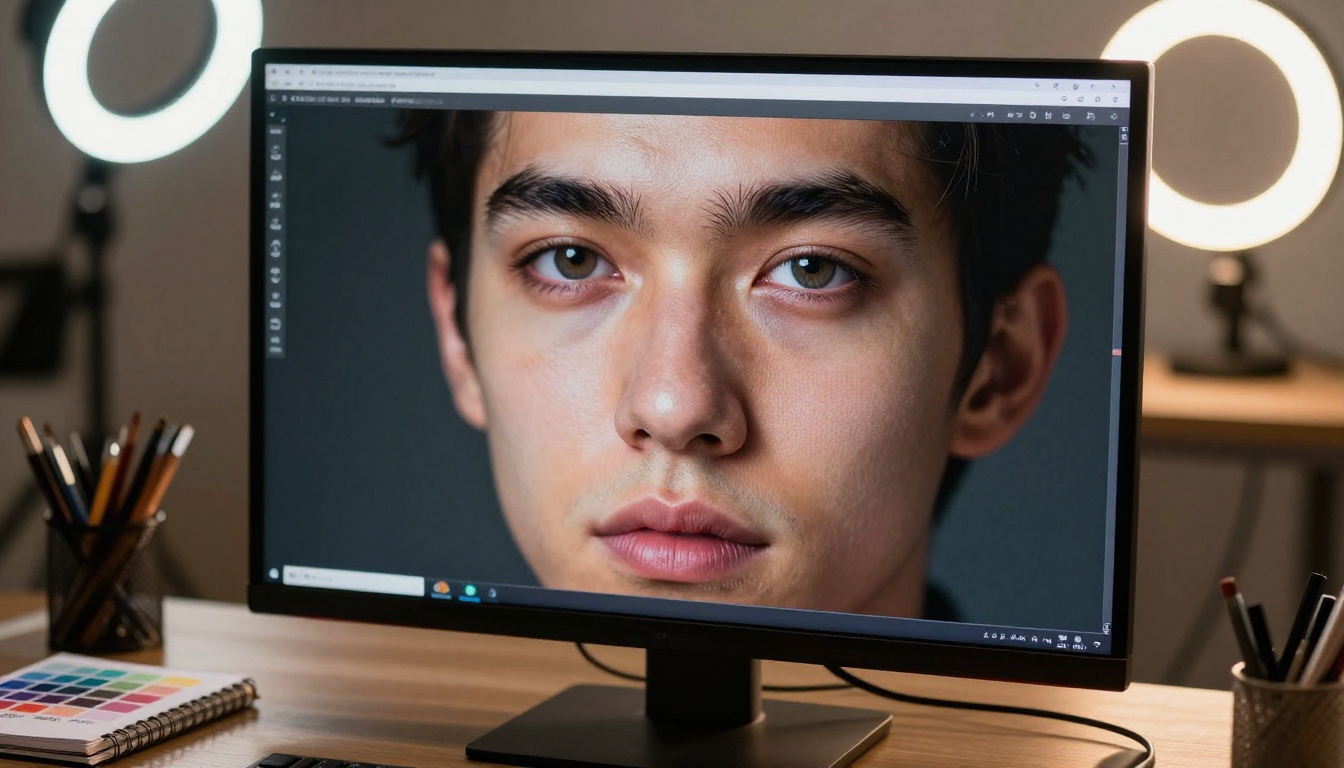 Professional monitor displaying an AI-generated portrait at pixel level detail