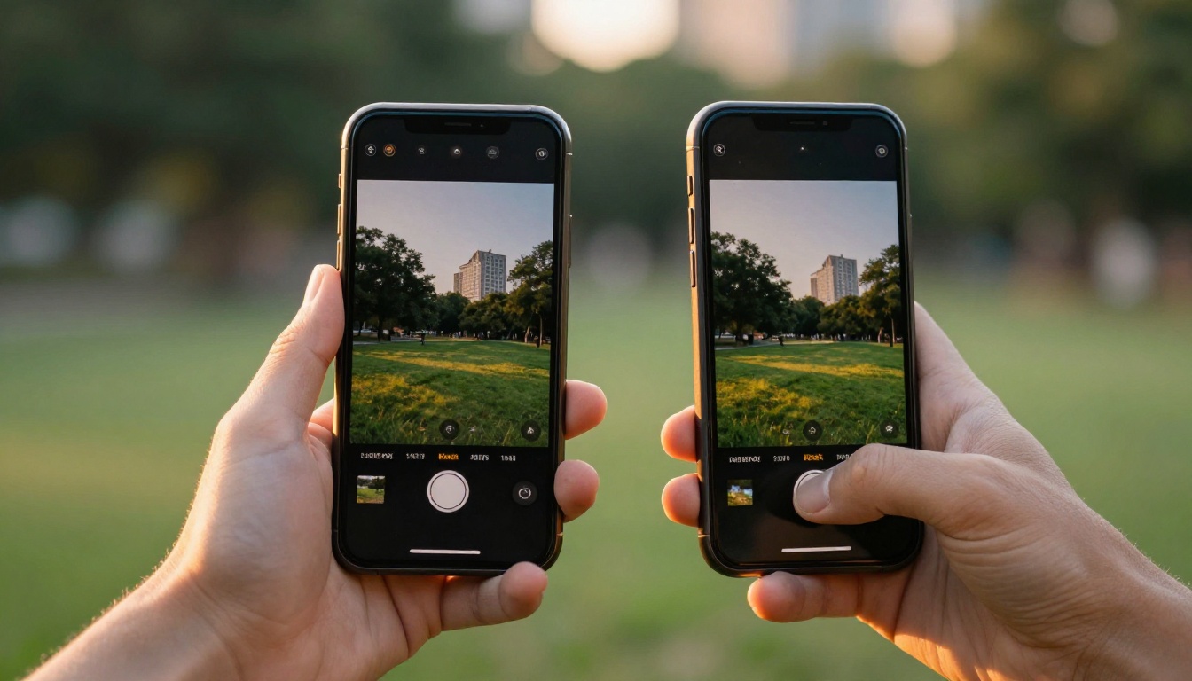 Two smartphones side by side displaying different AI-generated landscape photographs