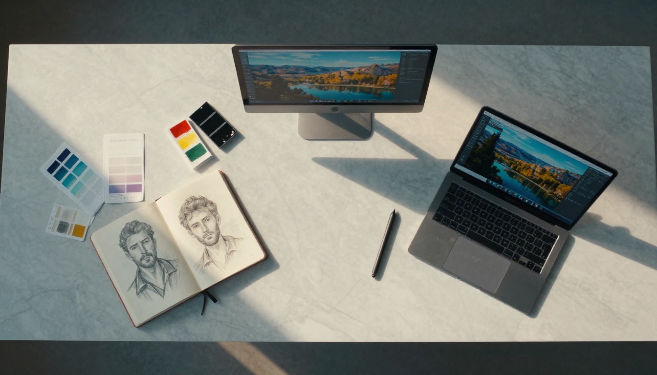 Aerial overhead view of creative workspace with laptop screen showing AI-generated images and design tools
