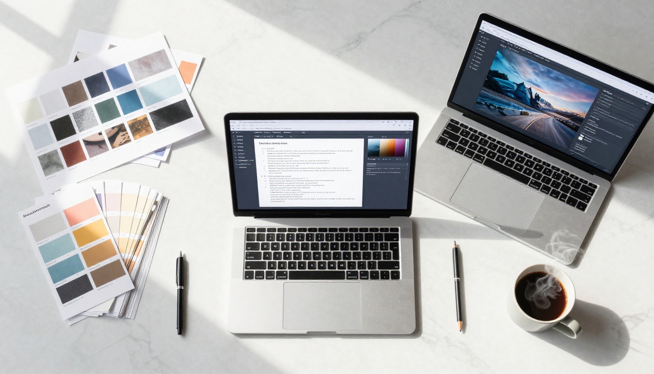 Overhead flat-lay of designer workspace with laptops showing AI image outputs