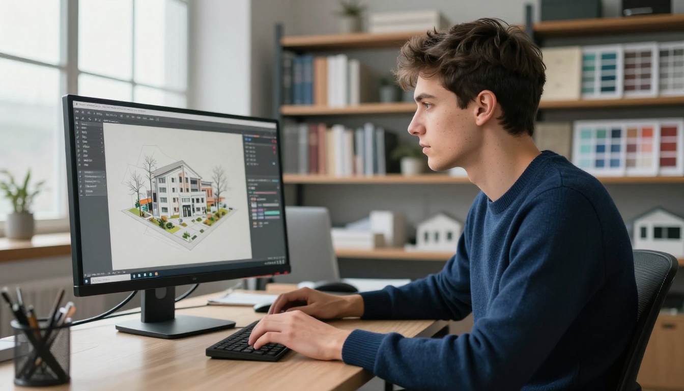 Side profile of male graphic designer reviewing AI-generated architectural rendering at a professional studio monitor