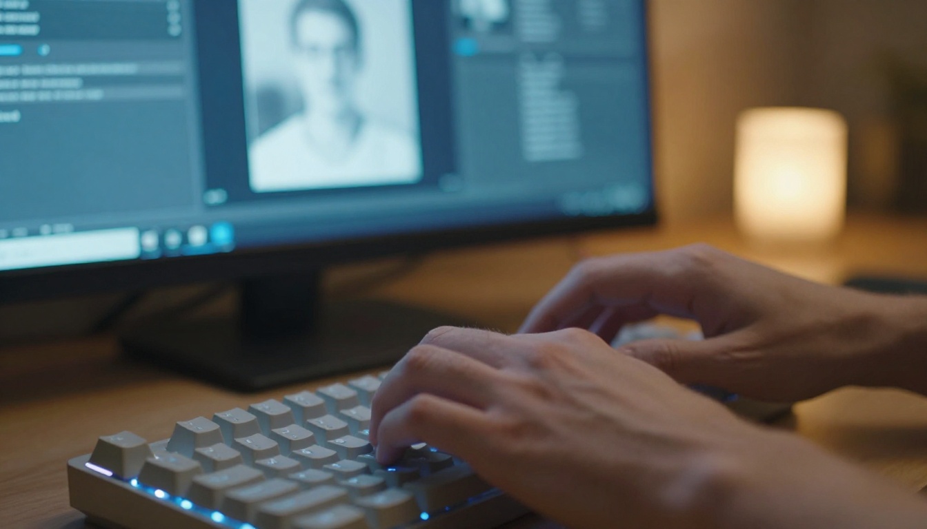 Hands typing on keyboard with split-screen AI image comparison on monitor
