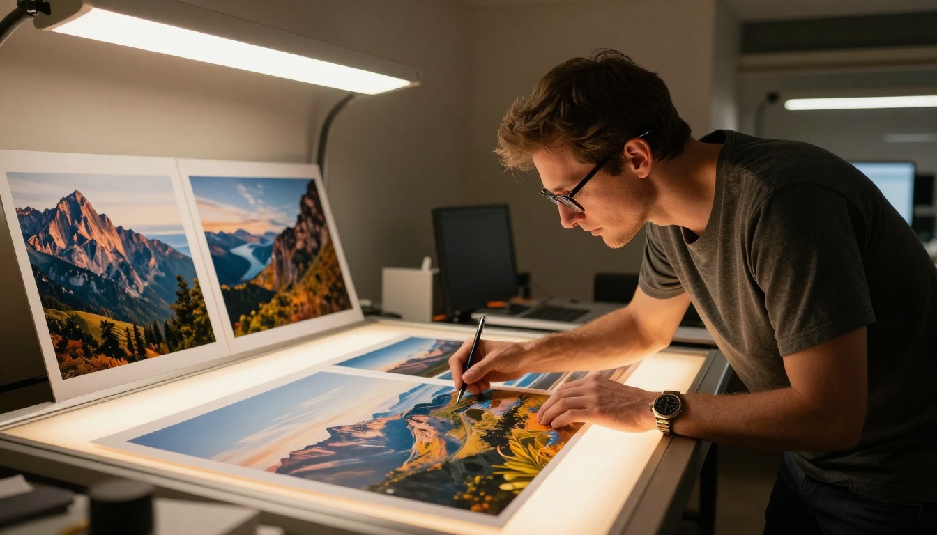 Graphic designer reviewing large-format AI-generated prints on a light table