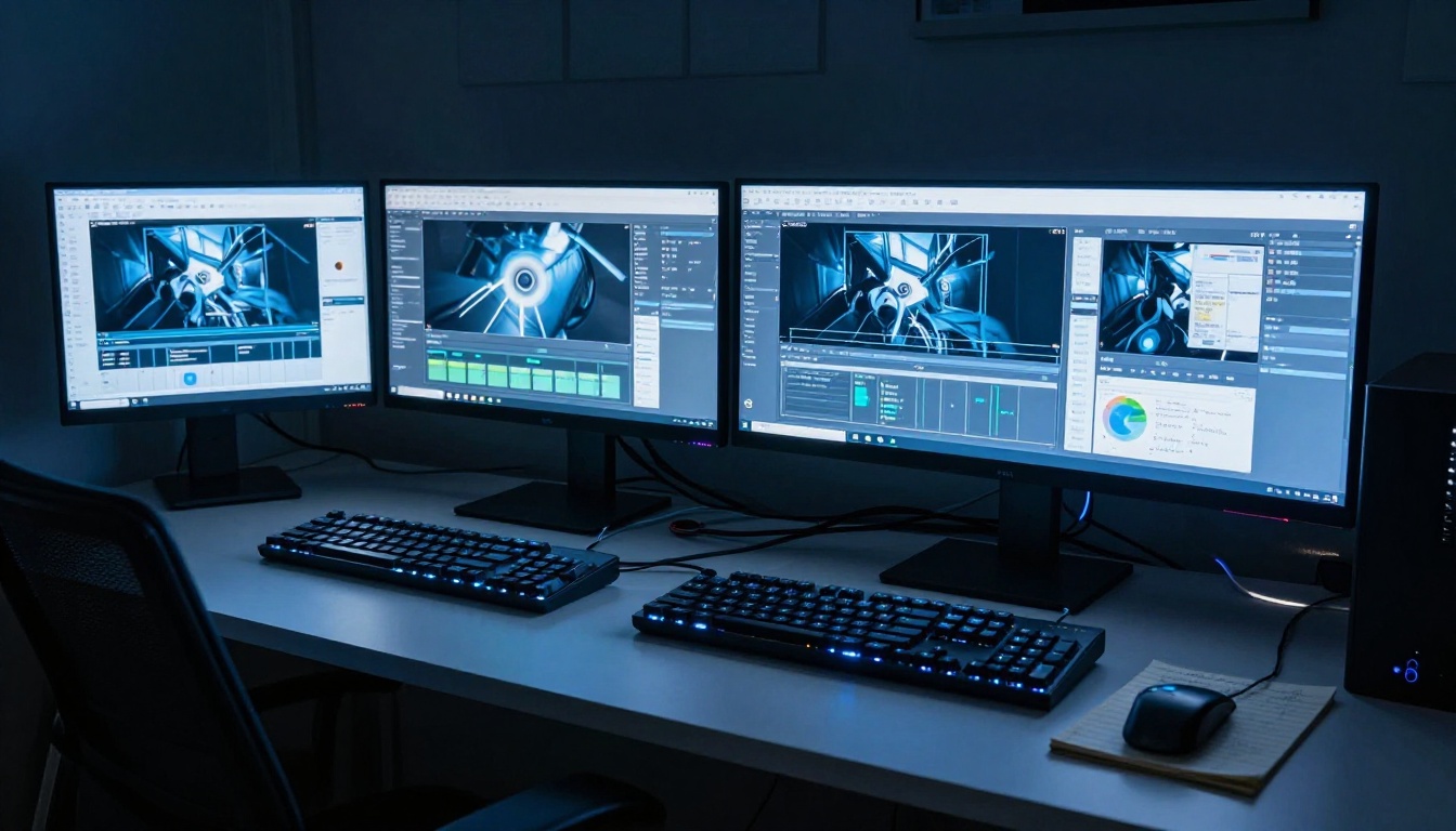 Two workstations side by side showing AI image generation progress interfaces