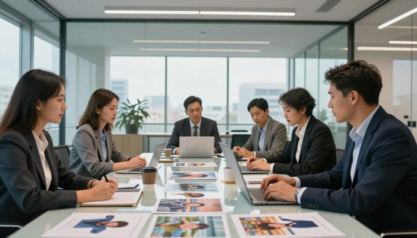 Marketing team gathered around a table reviewing large-format AI-generated images