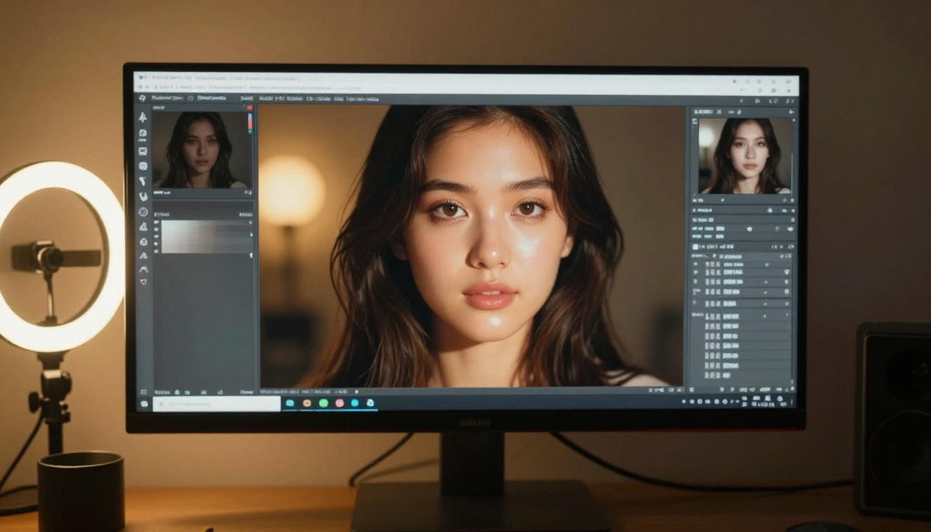 Content creator comparing AI image outputs on a dual-monitor setup in a home studio