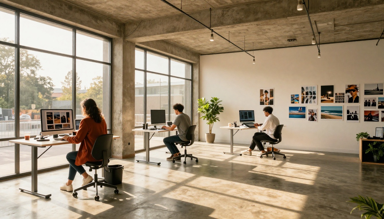 Wide shot of modern open-plan creative studio with multiple professionals working on AI image generation projects at standing desks