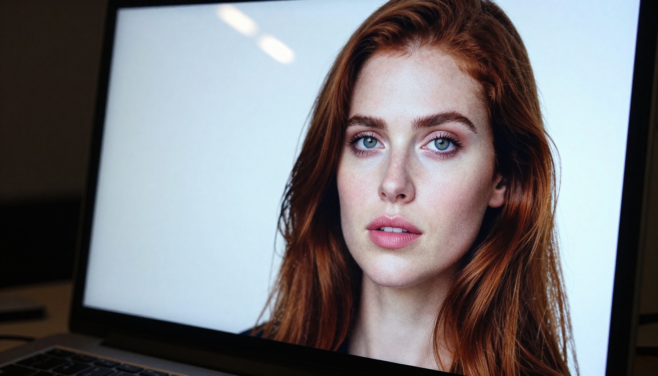 Close-up of a monitor showing a photorealistic AI-generated portrait with screen pixels faintly visible, keyboard blurred in foreground