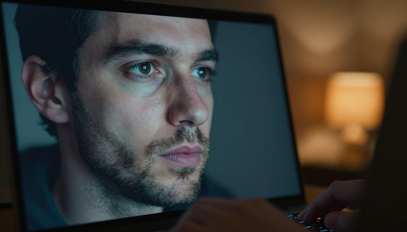 Content creator reviewing AI-generated images on laptop at night