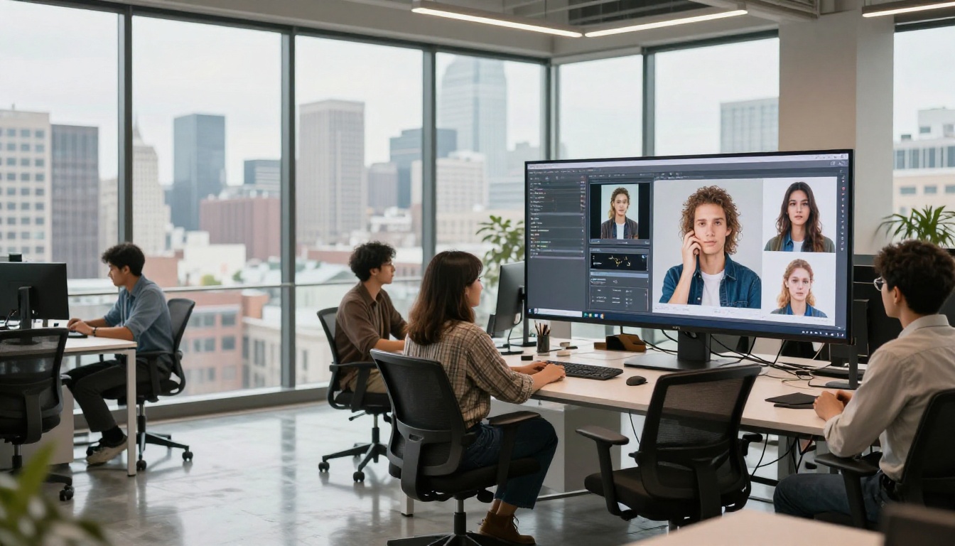 Creative agency team reviewing AI image generation results on monitors